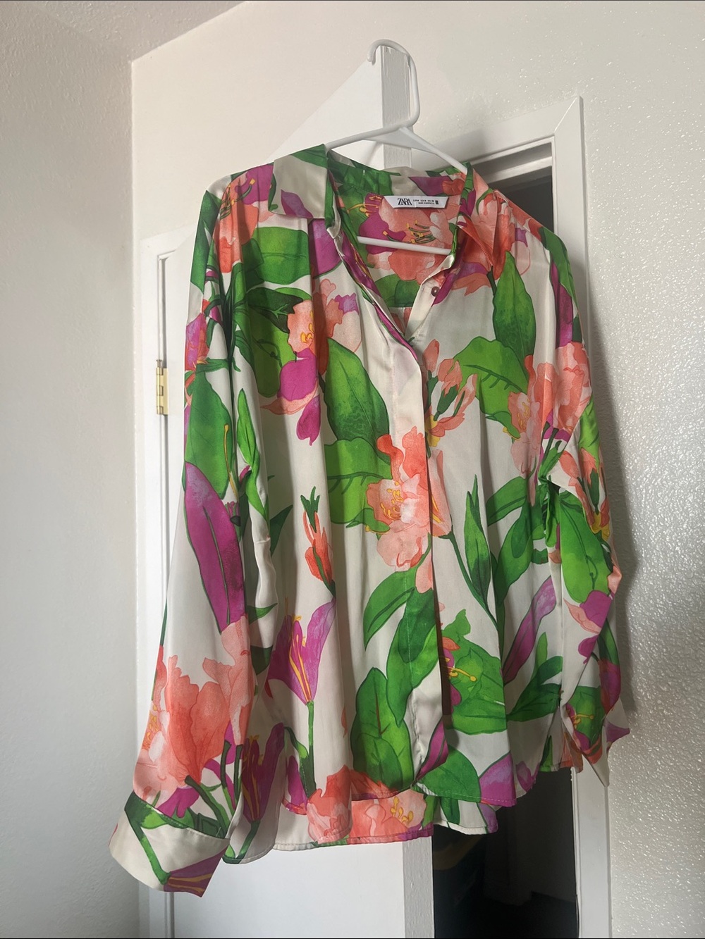 Zara Floral Button-Down Blouse in Green, Pink, Coral